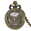 Bronze Watches Hollow Out Butterfly Cover Men Women Quartz Analog Pocket Watch Necklace Chain Arabic Number Clock
