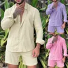 Summer Man Men Sets Fashion Linen Bawełna Bawełna Koszulki z długim rękawem Plaża Sądowe spodenki sportowe garnitur codzienne topy męskie stroje 220803