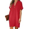 Summer Dress Women Casual Loose es V Neck Mini For Retro Short Sleeve Red Basic Femme Robes Y2K Plus Size 220418