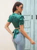 Women's Blouses & Shirts Plain Puff Sleeve Twist Front Tie Back Crop Blouse Top Women Sexy Deep V-neck Tight Hem Short Tops Summer Casual Sa