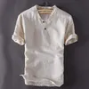 Erkek Tişörtleri TX166 Yaz Erkekler T-Shirt Retro Premium Keten Pamuk Sıradan Basit Yakışıklı İnce Nefes Alabaş Stand Yakası Kısa Kollu Tee