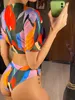 S XXL Colorful Print High Waist Bikini Female Swimsuit Women Swimwear Threepiece set Bather Bathing Suit Swim V2805P 220615