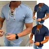 Oversized Men Casual T-shirt V Neck Lace-up Tee Summer Denim Solid Color Short Sleeve Slim Sports Tops 2022 Y220426