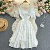 Summer Embroidery Floral Dress Women Square Collar Short Sleeve Hollow Out Midi Dress Elegant Casual Sexy Club Dresses 2022