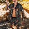 Тенденция Мужчины Гавайские сетевые сета летняя пера печать с коротким рукавом рубашка пляжные шорты Два сета повседневная поездка Мужчина 2 штука 220708