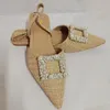 Sandalias 2022 de tejido plano de verano para mujer, zapatos de talón abierto con cuentas de perlas de imitación, zapatos planos de punta estrecha a la moda para mujer, sandalias sexis