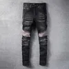Killar svarta jeans denim mager passar för man smal cyklist moto hiphop rak ben vintage nöd stretch knä rippade byxor rock långa knä zipper sommaren midvikt 2022