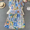 2022 Modedesigner Boho Maxi Freizeitkleider Damen Lange Laternenärmel Blaues und weißes Porzellan Blumendruck Party Langes Kleid