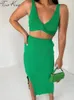 Sexy Knitted Vneck Women Vest Skirt Suit Green Backless Side Split Skinny Skirts Set Female Summer Lady Streetwear Sets 220704