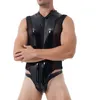 Herren-Bodyshaper, glänzendes metallisches Lackleder, Clubwear, durchsichtiges Mesh-Splice-Dessous-Bodysuit, Doppelreißverschluss, hoher Schnitt, Tanga-Trikot-Bodys