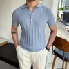 Men's Casual Shirts Men's 2023 Spring Summer Knit Shirt Men Turn-down Collar Button-up Fashion Striped Solid Slim Tops Ice Silk Fabric