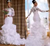 2022 Romantic Plus Size Wedding Dress Long Sleeves Organza Tiered Ruffle Lace Applique Beaded Boat Neckline Vestidos De Novia Bridal Dresses Women