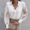 Kadın Bluzlar Gömlek Zarif Katı Beyaz Dantel Bluz Kadın Sonbahar Tığ Gevşek Uzun Kollu Gömlek Üstleri Kadın Içi Boş Ofis Bayanlar Bluz