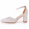 Moda Sexy elegante tacones altos correa de tobillo sandalias de fiesta mujeres blanco perla Rhinestone encaje zapatos de boda