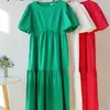 Casual Women Summer Maxi Dress 100 Cotton O Neck A Line Overdimensionerad Kort ärm Midi Puff White Green Long 220630