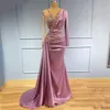 2022 Light Purple Mermaid Evening Dresses Sheer V Neck Appliqued Beaded Long Sleeve Formal Prom Party Second Reception Special Occasion Gowns B0513