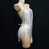 Scena zużycie błyszczącego kryształki białe bodysuit bodysuit kobiety seksowne klub strój fringe taniec jednoczęściowy piosenkarka leotard235p