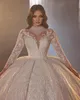 Luxury Arabic Champagne Wedding Dresses Ball Gown Full Sleeve Sequins Beaded Bridal Gowns With Long Train Dress