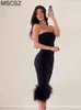 2022 Frauen Elegante Schwarze Partykleider Trägerloses, rückenfreies, figurbetontes Sommerkleid Sexy Korsett-Top-Midikleid mit Feder T220816ORE6