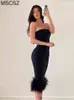 2022 Women Elegant Black Party Dresses Strapless Backless Bodycon Summer Dress Sexy Corset Top Midi Dress With Feather T220816