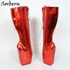 Sorbern Metallic Red Mid Calf Women Boots Ballet Wedges Lace Up Zipper Goth Style Platform Bdsm Shoe
