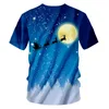 Tema de Natal 3D Impresso Lua Fundo O Pescoço Camiseta Papai Noel e Elk Moda Lazer Mens Camiseta 6XL 220623