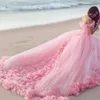 Pink luxuoso Quinceanera Vestres V Apliques de miçangas de pescoço fora do ombro com mangas de renda vestido de baile de renda vestido de baile de baile de plantas de flor 3d