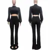 Women's Two Piece Pants Solid Ribbed Set Women Elegant Matching Outfits Club Crop Top And Flare Pant Suits 2 Sets Womens Fall