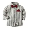 Stripe Fashion Boys Outfits Kids Lapel Long Sleeve Shirt+blazers Outwear+suspender Pants+Bows Tie 4pcs Sets Children Gentleman Sets