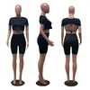 Kvinnors spårsättningar Sexig öppen baksida Bandage Shorts Set Women Club Outfit Kort ärm O Neck Crop Top och Biker Summer Backless 2 PCS 2022WOME