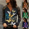 Women's T-Shirt Women's Fashion Butterfly Print Stitching Lace Long-sleeved Loose Pullover Tops Spring Sexy V-neck Zipper T-shirtWomen's