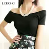 Summer Fashion Sexy Off The Shoulder Tops For Women Casual Short Sleeve Cotton T-shirts Black White Red Gray Blue 220402