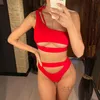 Damenbadebekleidung Sexy Bauchausschnitt Weiblicher Badeanzug Hohe Taille Bandage Einzelne Schulter Bikini Set Frauen Solide Zweiteilige Badende