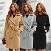 Women's Wool Blends Women Jackets Coat Autumn Winter Warm Woolen Blend Lapel Long Coat with Belt Elegant Chic Solid Slim Fit Overcoat Outerwear 220826