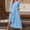 Bohemian Shirt Dress Women's Maxi Sundress Spring Elegancka Casual V Neck Ruflle Vestido Kobieta Tunika Long Sleeve G220510