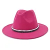 Chapéus de aba larga 2022 lã jazz fedora casual homem mulher couro pérola fita felt chapéu branco rosa