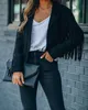 Yeni Avrupa Moda Kadınlar Turn Yaka Uzun Kollu Süet Deri Püskül Saçak Kısa Ceket Ceket Artı Boyut Smlxl