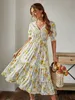 Holiday v-neck puff sleeves ruffle print summer dress Women floral high waist long dresses A-line elastic beach vestido 220511