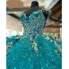 Hunter Green Sequined Crystal Ball -klänning Quinceanera klänningar Guldapplikationer 3D Flowers Tassel Corset Sweet 15 Girls Party