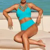 Women's Swimwear 2022 Solid Color Cross Halter Bikini Two Piece Summer Bandage Backless High Waist Swimsuit Beachwear Bathing Suit