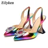 Sandaler Rainbow Color Women pekade Toe Sun Style Rhinestone High Heels Weeding Shoes Spike Heel Slingback Pumpar 220232