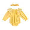 Encantador bebé mameluco manga larga estampado floral elástico puño cuello mono con diadema impresa ropa de bebé suave 0-18 meses G220521