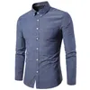 Men Solid Color Turn Down Collar Long Sleeve Shirt Slim Button Pocket Work Top