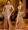 2022 بالإضافة إلى الحجم العربي Aso Ebi Gold Gold Mermaid Mermaid Dresses Crystes Crystals Evening Party Second Sextree Disparty Condress Dression Zj188