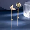 Dingle ljuskrona koreansk tusensköna blommor bi studörhängen för kvinnor solros fjäril zirkon asymmetrisk örhänge tjej fest smycken gåva