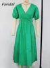 Foridol col en V taille découpé élastique coton vert robe lanterne manches dos nu Maxi été élégant dames longue robe d'été 220615