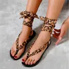Woman Sandals Ankle Strap Flats Leopard Lace Up Clip Toe Female Shoes Cross Tie Ladies Casual Bohemian 2021 Summer Plus Size Y0721221T
