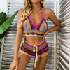 Haakbikini -sets Multi -kleuren gebreide regenboog gestreepte Off Shoulder Top Bikini Bikini Beachwear Bathing Suit Women Swimsuit 2202834727