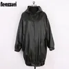 Nerazzurri негабаритный черный длинная кожаная куртка Женщины с капюшоном с длинным рукавом молния на водонепроницаемом плате.
