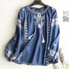 Women's Blouses & Shirts Spring And Autumn Fashion O-neck Denim Blouse Lace-up Embroidered Shirt Tops LooseWomen's